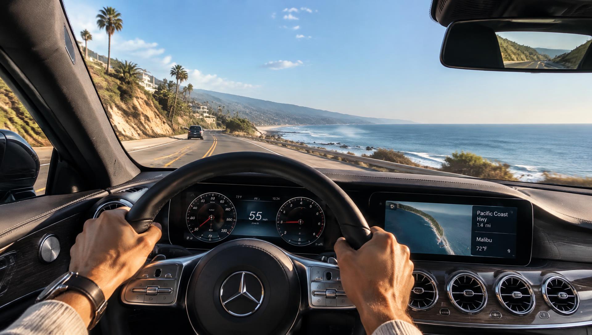 Chauffeur driving a luxury sedan along a coastal highway